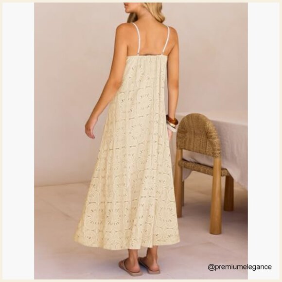 Summer Spaghetti Strap Floral Lace Maxi Dress with Pockets - Picture 5 of 7